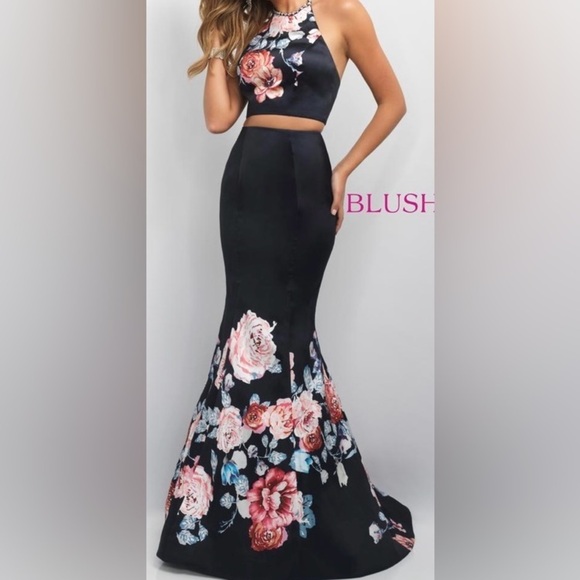 Blush Dresses & Skirts - Blush Floral Black 2 Piece Halter Top Long Dress, Size 16, zipper tie, Preloved